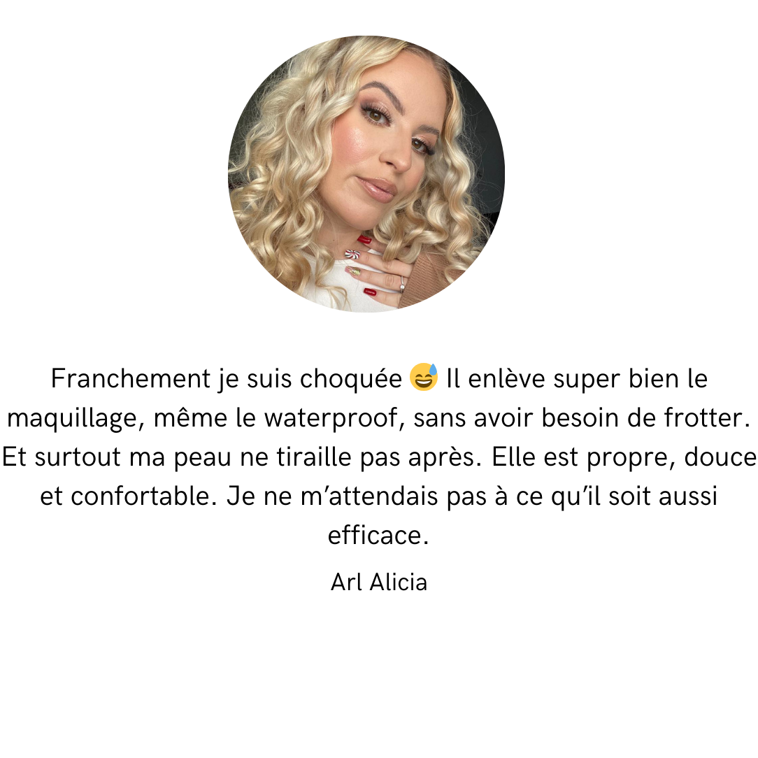franchement je suis choquée 😅 il enlève super bien le maquillage, même le waterproof, sans avoir besoin de frotter. et surtout ma peau ne tiraille pas après. elle est propre, douce et confortable